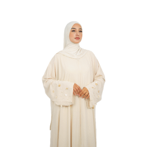 Modest Beige Abaya “Pearl Serenity” by Dams Morocco – elegant hijabi fashion