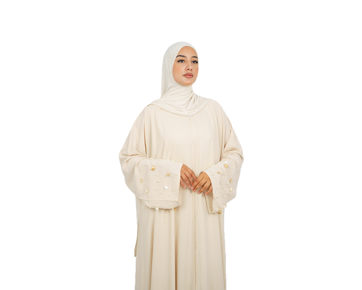 Modest Beige Abaya “Pearl Serenity” by Dams Morocco – elegant hijabi fashion